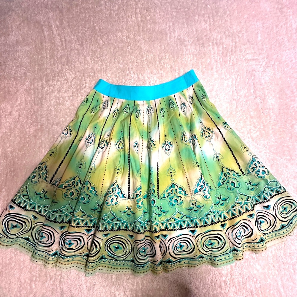 Nally & Millie Size L Full Robins Egg Blue & Green Patterned Skirt